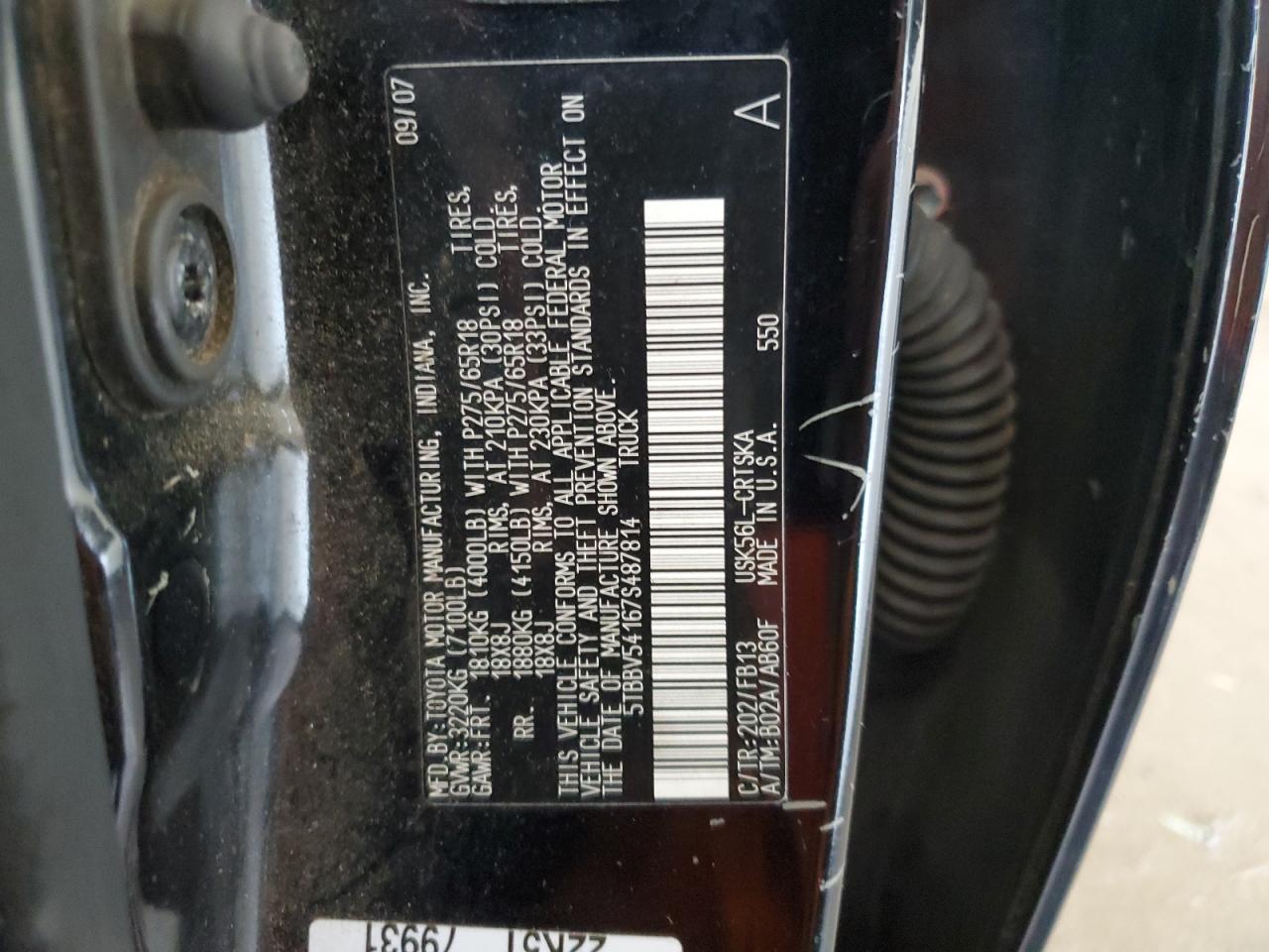 2007 Toyota Tundra Double Cab Sr5 VIN: 5TBBV54167S487814 Lot: 83947365