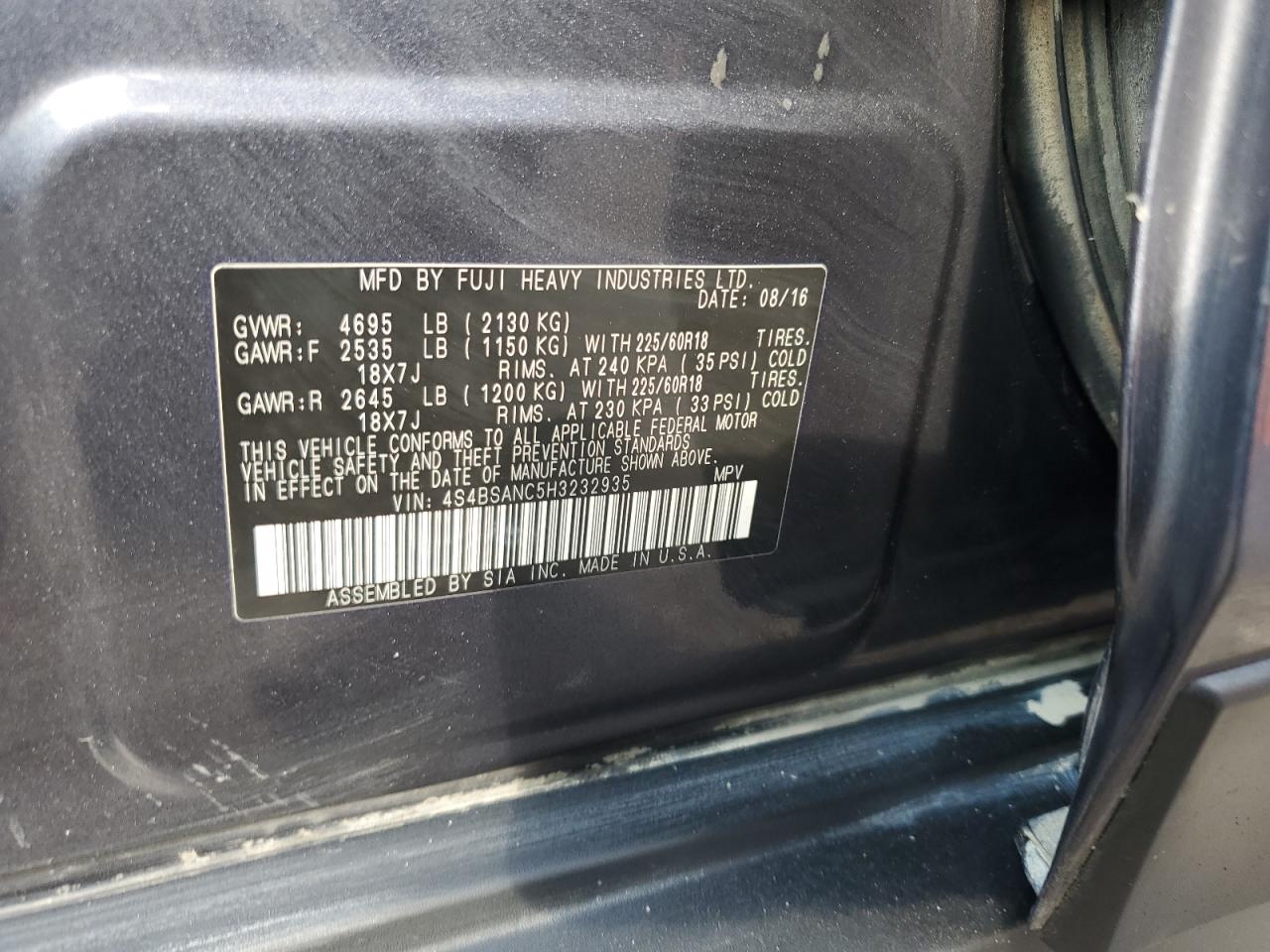 2017 Subaru Outback 2.5I Limited VIN: 4S4BSANC5H3232935 Lot: 80378805