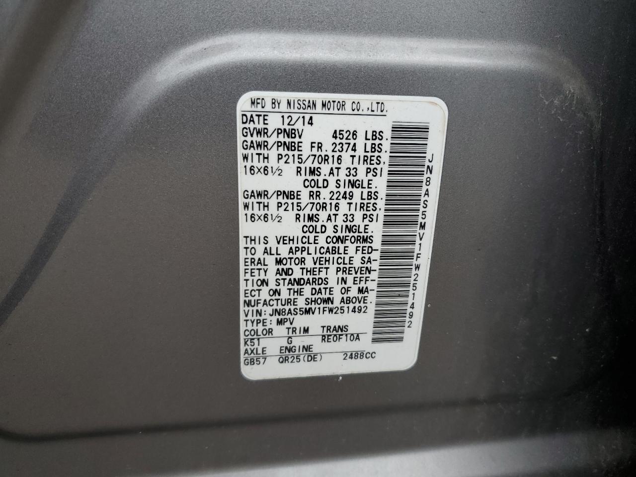 2015 Nissan Rogue Select S VIN: JN8AS5MV1FW251492 Lot: 81791445