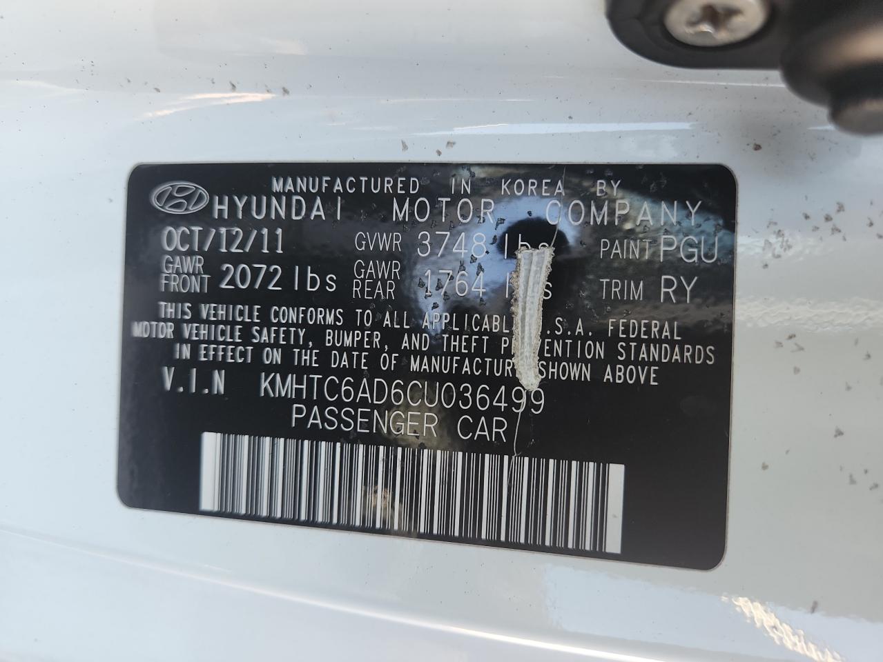 2012 Hyundai Veloster VIN: KMHTC6AD6CU036499 Lot: 81912895
