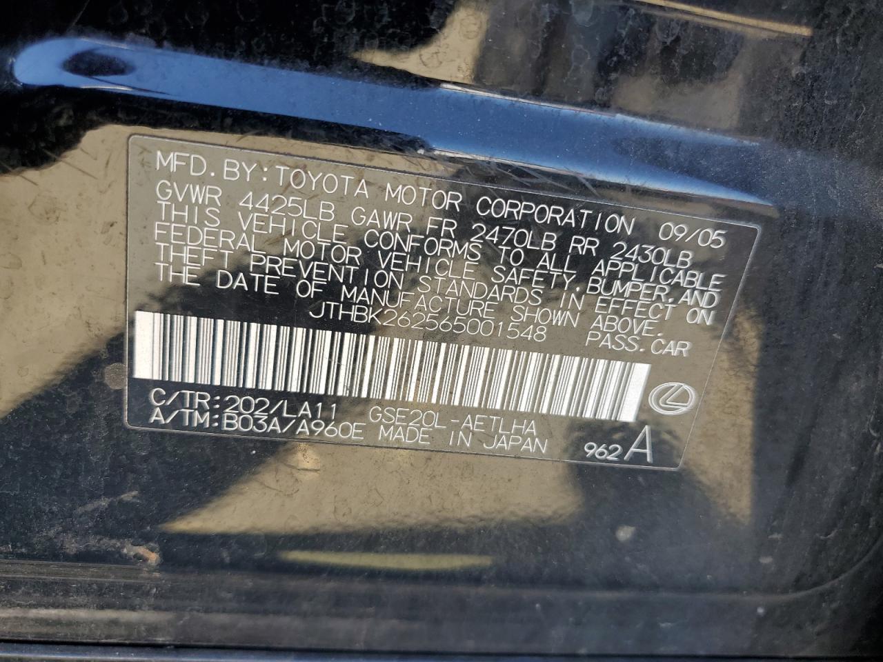 2006 Lexus Is 250 VIN: JTHBK262565001548 Lot: 81656335