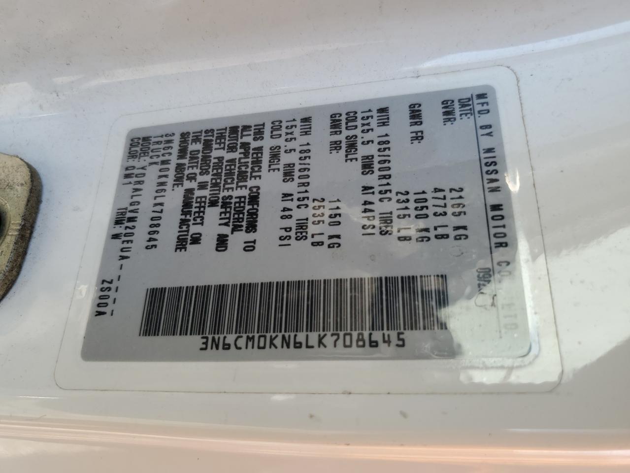 2020 Nissan Nv200 2.5S VIN: 3N6CM0KN6LK708645 Lot: 84383225