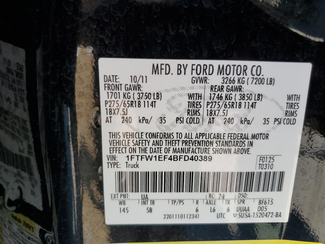 2011 Ford F150 Supercrew VIN: 1FTFW1EF4BFD40389 Lot: 89806805