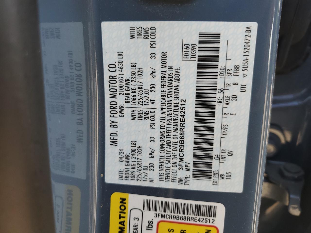 2024 Ford Bronco Sport Big Bend VIN: 3FMCR9B68RRE42512 Lot: 84010445