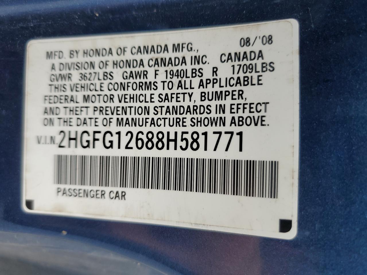 2008 Honda Civic Lx VIN: 2HGFG12688H581771 Lot: 70075855