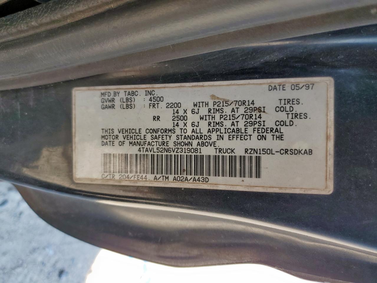 1997 Toyota Tacoma Xtracab VIN: 4TAVL52N6VZ319081 Lot: 71695955