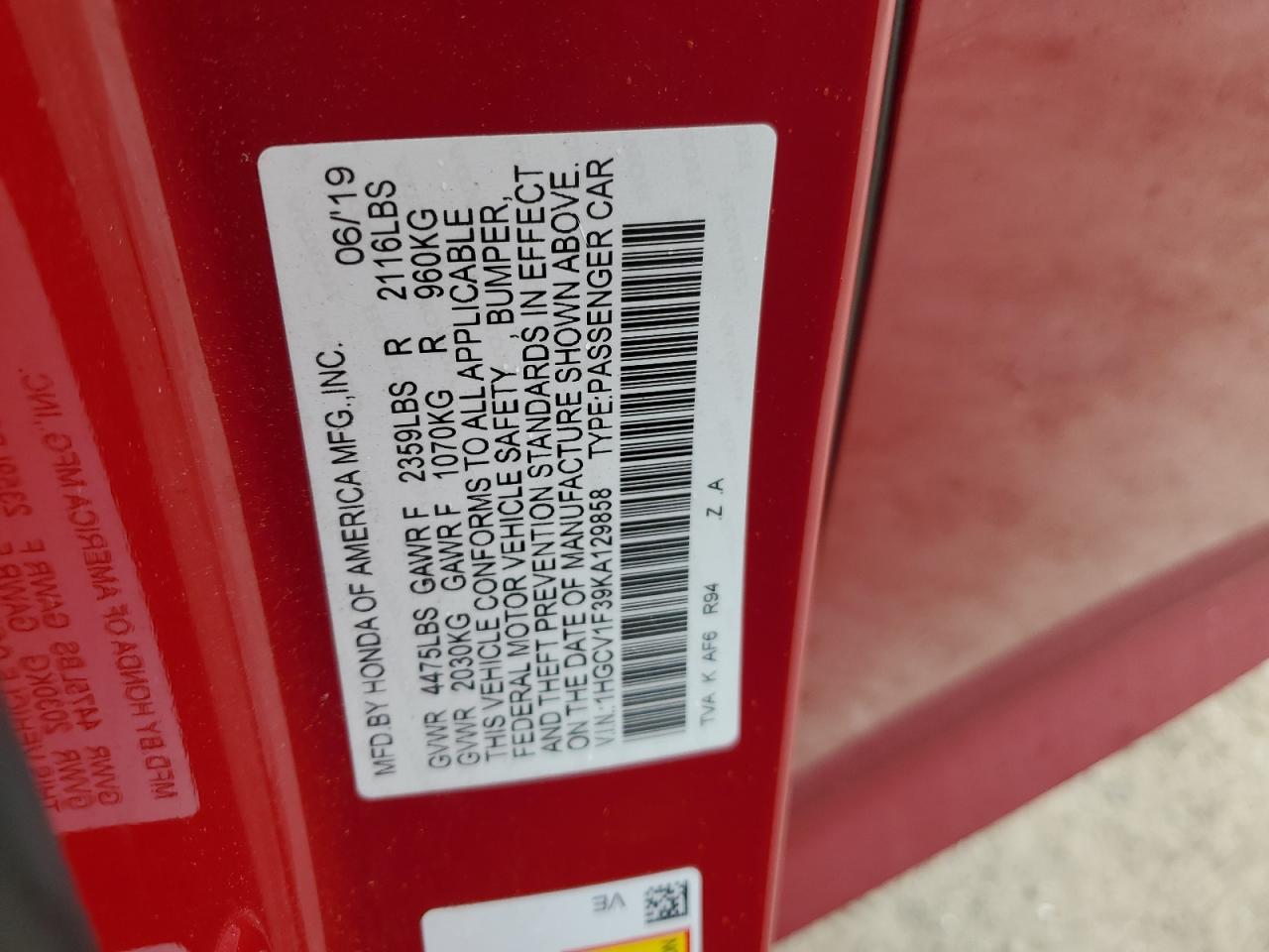 2019 Honda Accord Sport VIN: 1HGCV1F39KA129858 Lot: 81604385