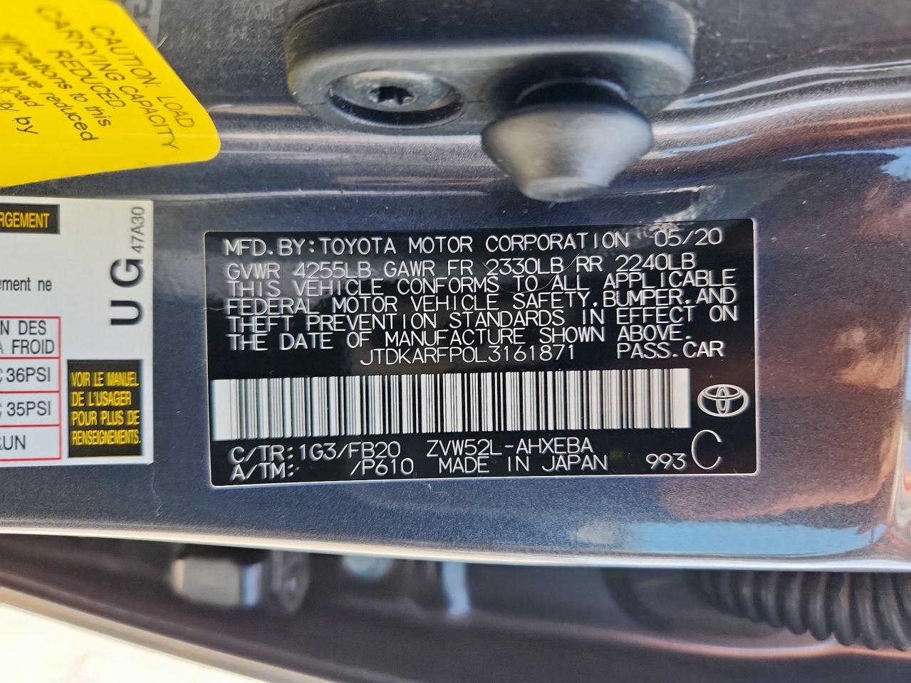 2020 Toyota Prius Prime Le VIN: JTDKARFP0L3161871 Lot: 80932205