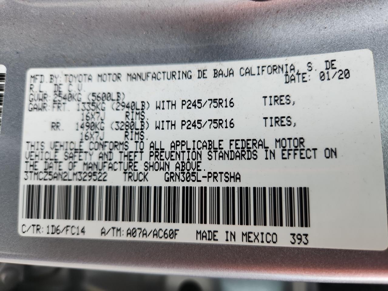 2020 Toyota Tacoma Double Cab VIN: 3TMCZ5AN2LM329522 Lot: 80262485
