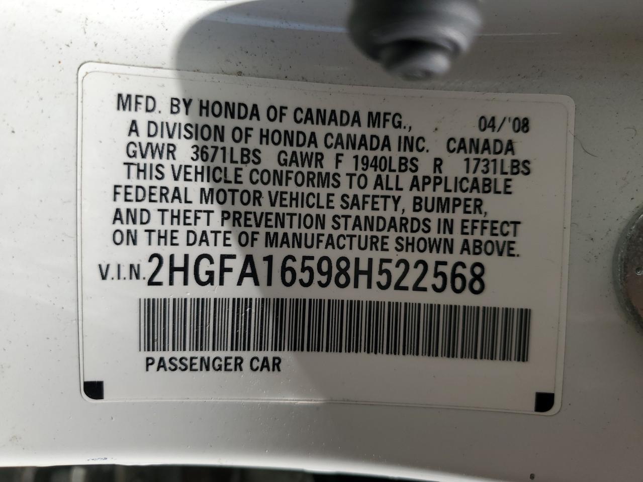 2008 Honda Civic Lx VIN: 2HGFA16598H522568 Lot: 82093035