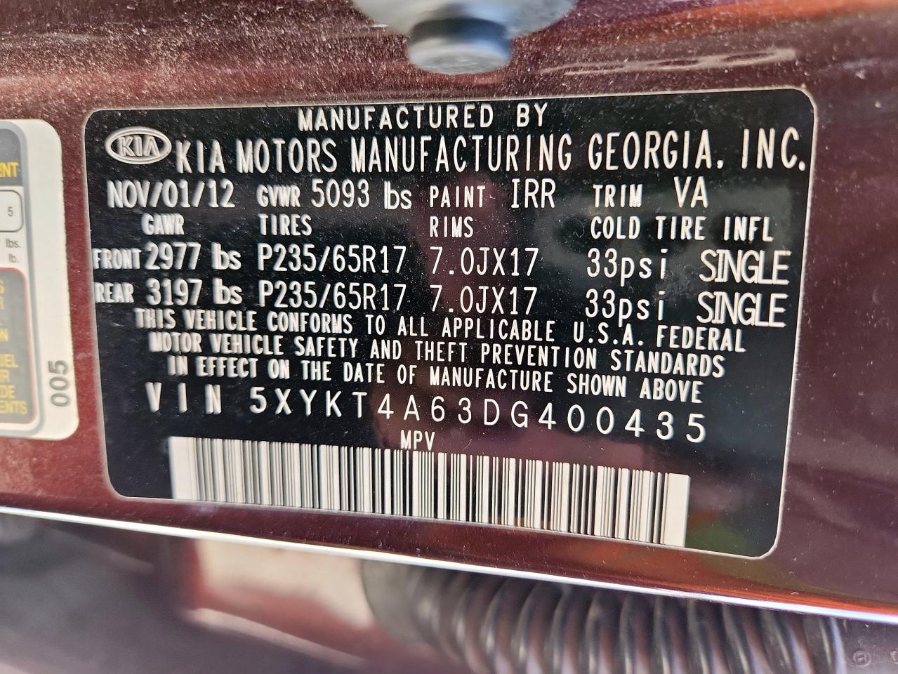 2013 Kia Sorento Lx VIN: 5XYKT4A63DG400435 Lot: 81500725