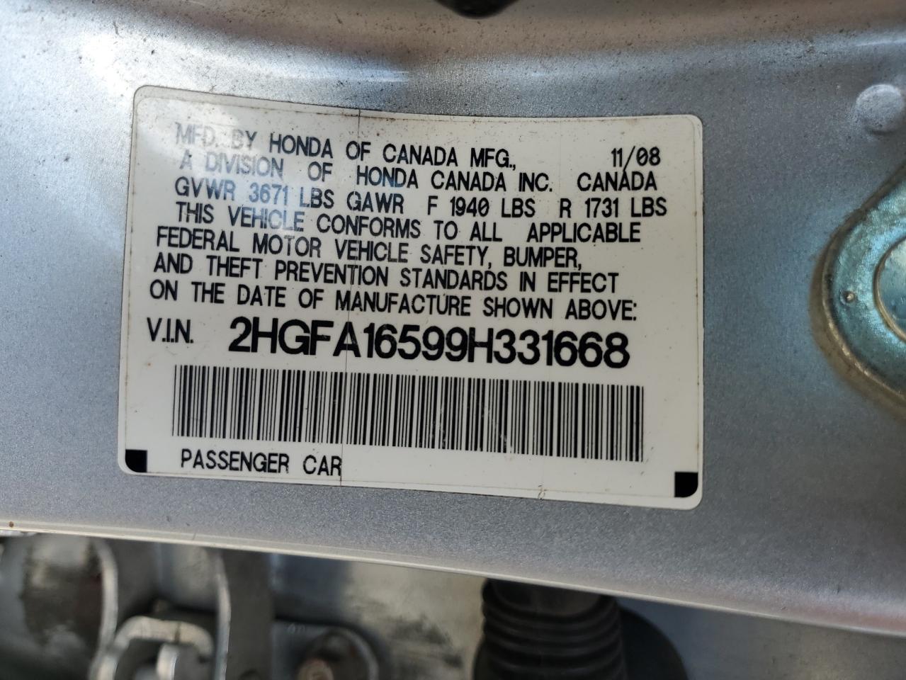 2009 Honda Civic Lx VIN: 2HGFA16599H331668 Lot: 81806735