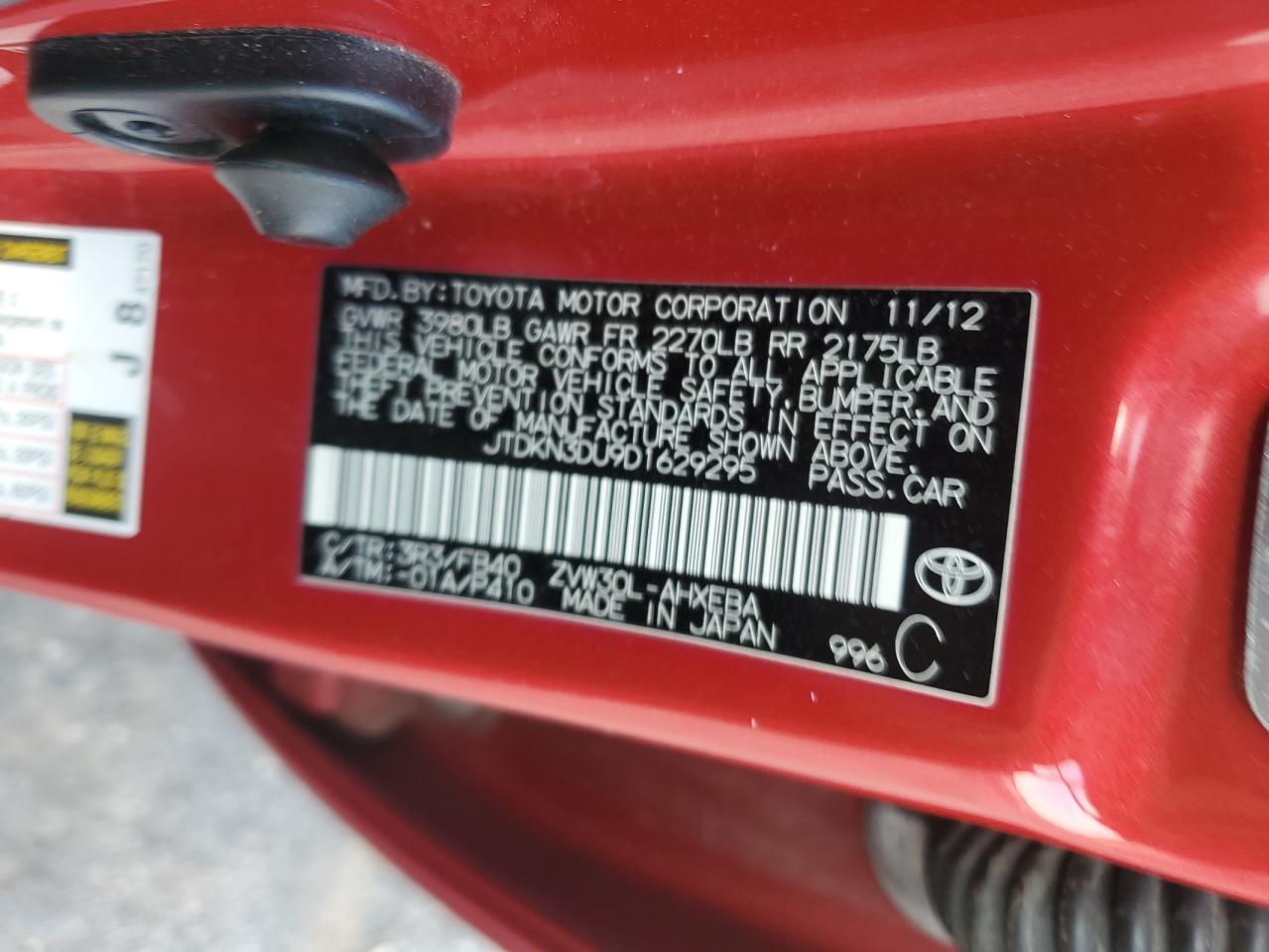 2013 Toyota Prius VIN: JTDKN3DU9D1629295 Lot: 80453125