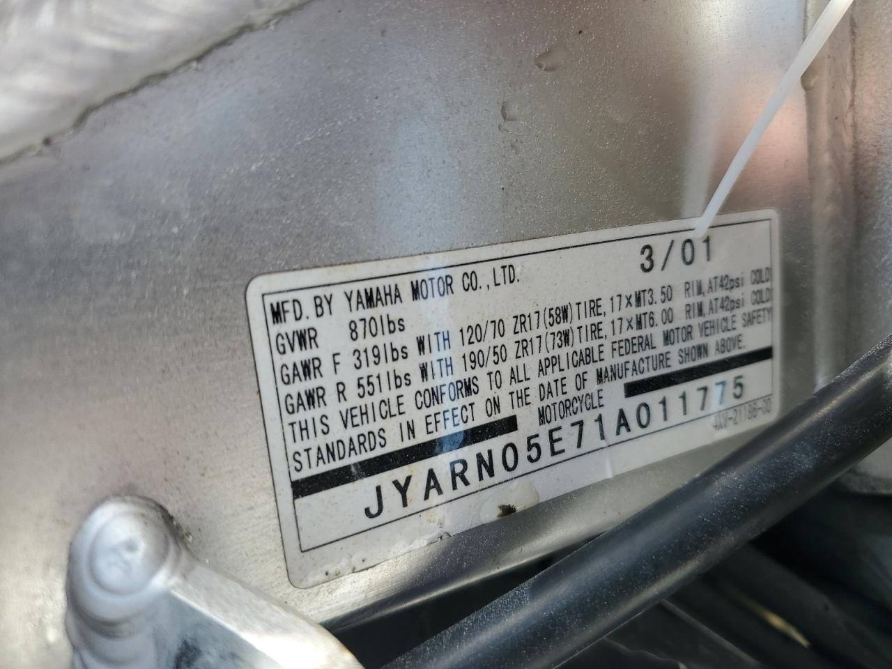 2001 Yamaha Yzfr1 VIN: JYARN05E71A011775 Lot: 80365165