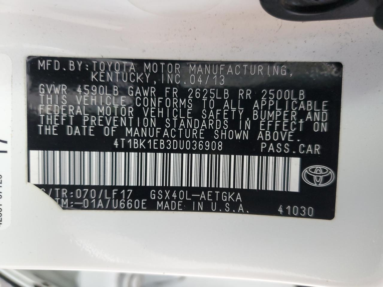 2013 Toyota Avalon Base VIN: 4T1BK1EB3DU036908 Lot: 84638925