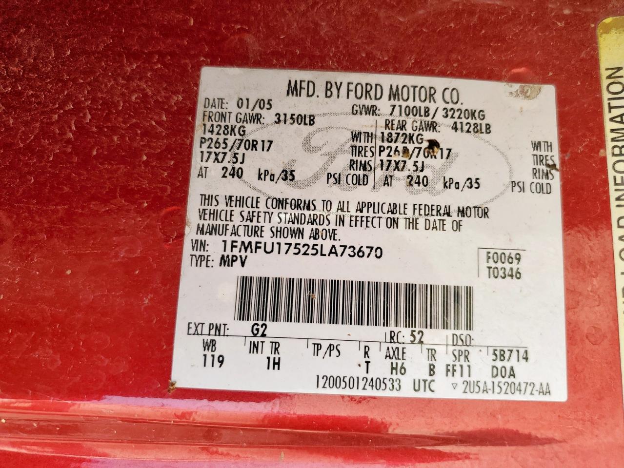 2005 Ford Expedition Eddie Bauer VIN: 1FMFU17525LA73670 Lot: 81322185