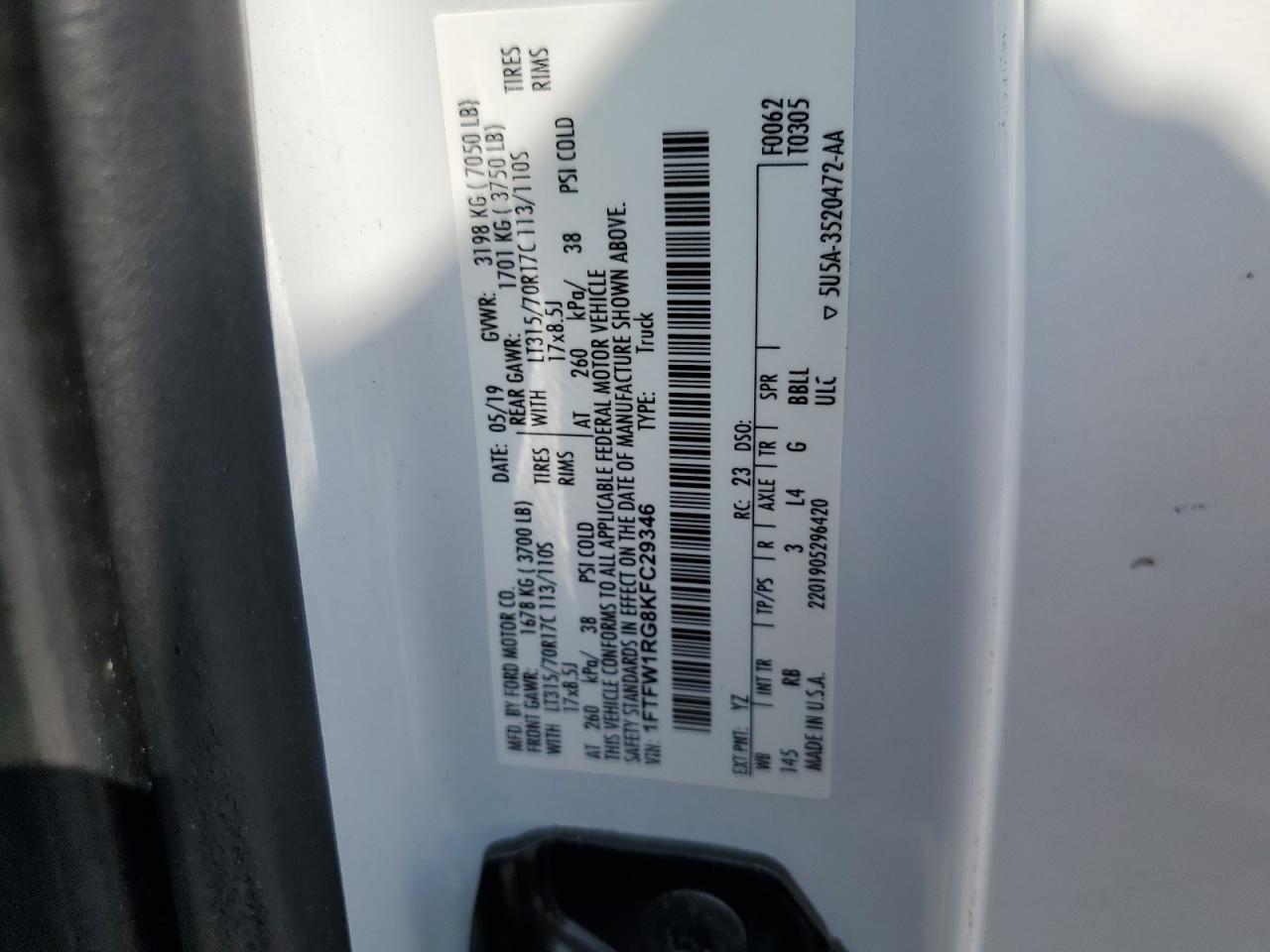 2019 Ford F150 Raptor VIN: 1FTFW1RG8KFC29346 Lot: 80527095