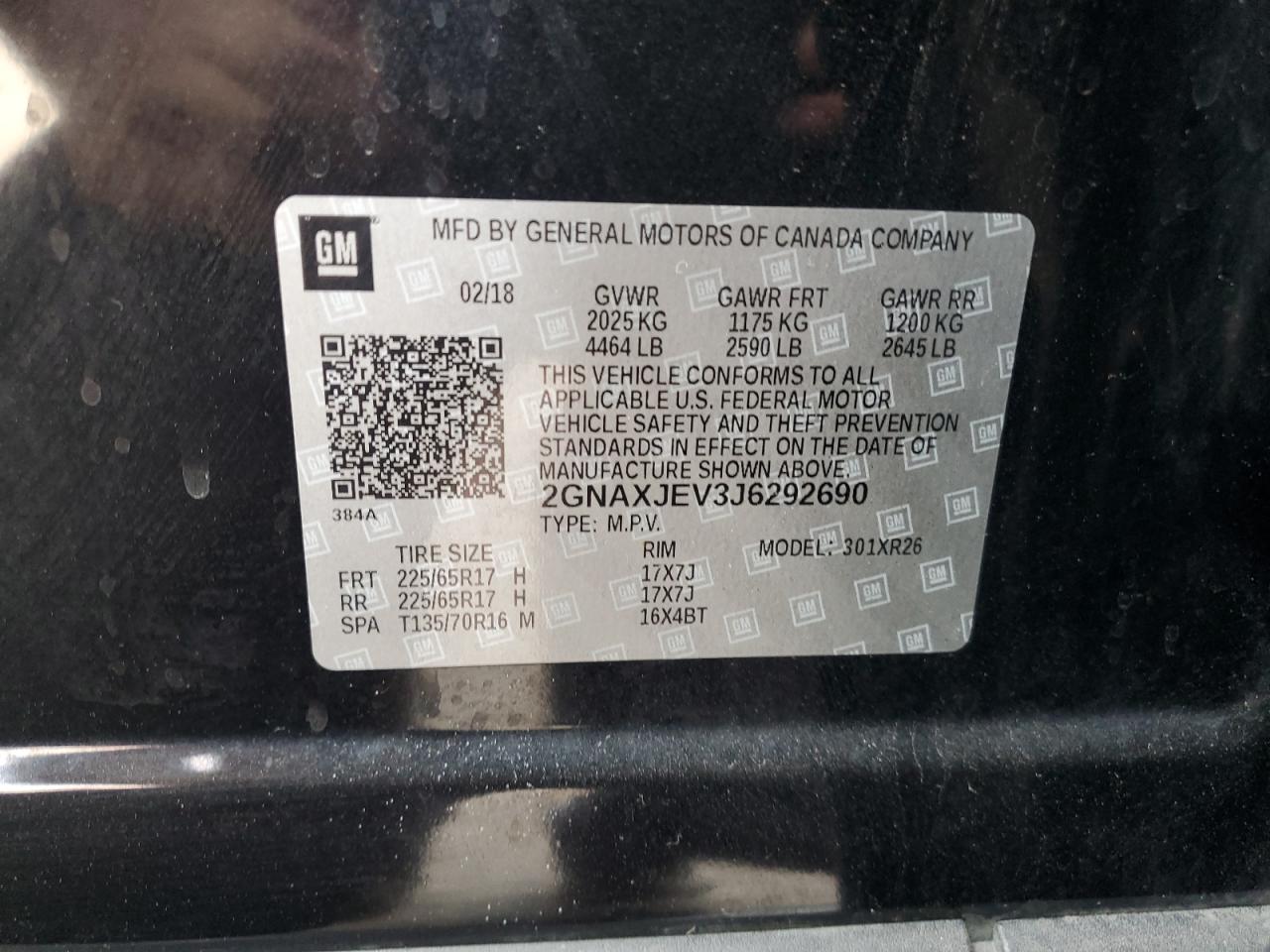 2018 Chevrolet Equinox Lt VIN: 2GNAXJEV3J6292690 Lot: 84609135