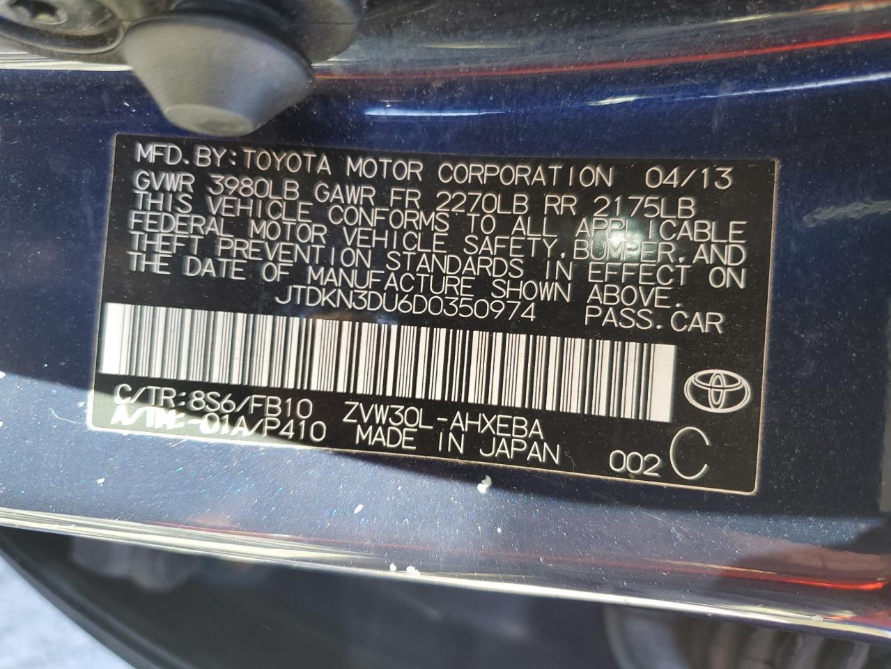 2013 Toyota Prius VIN: JTDKN3DU6D0350974 Lot: 84400225