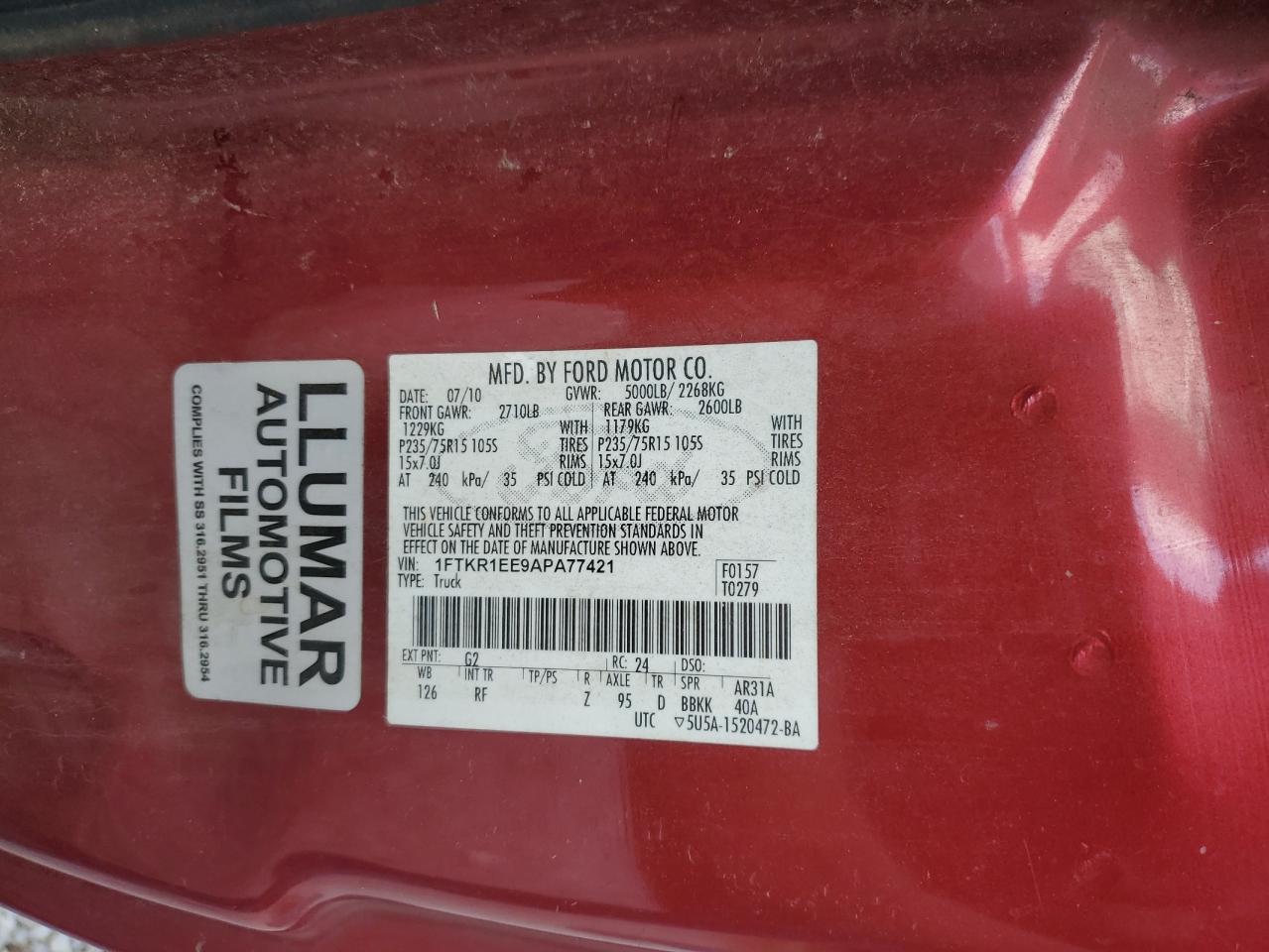 2010 Ford Ranger Super Cab VIN: 1FTKR1EE9APA77421 Lot: 80083125