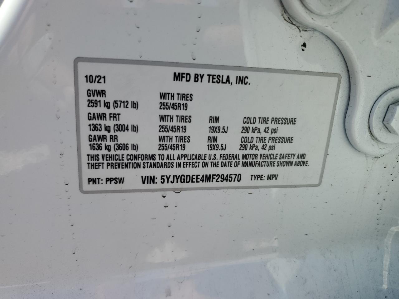 2021 Tesla Model Y VIN: 5YJYGDEE4MF294570 Lot: 81903335