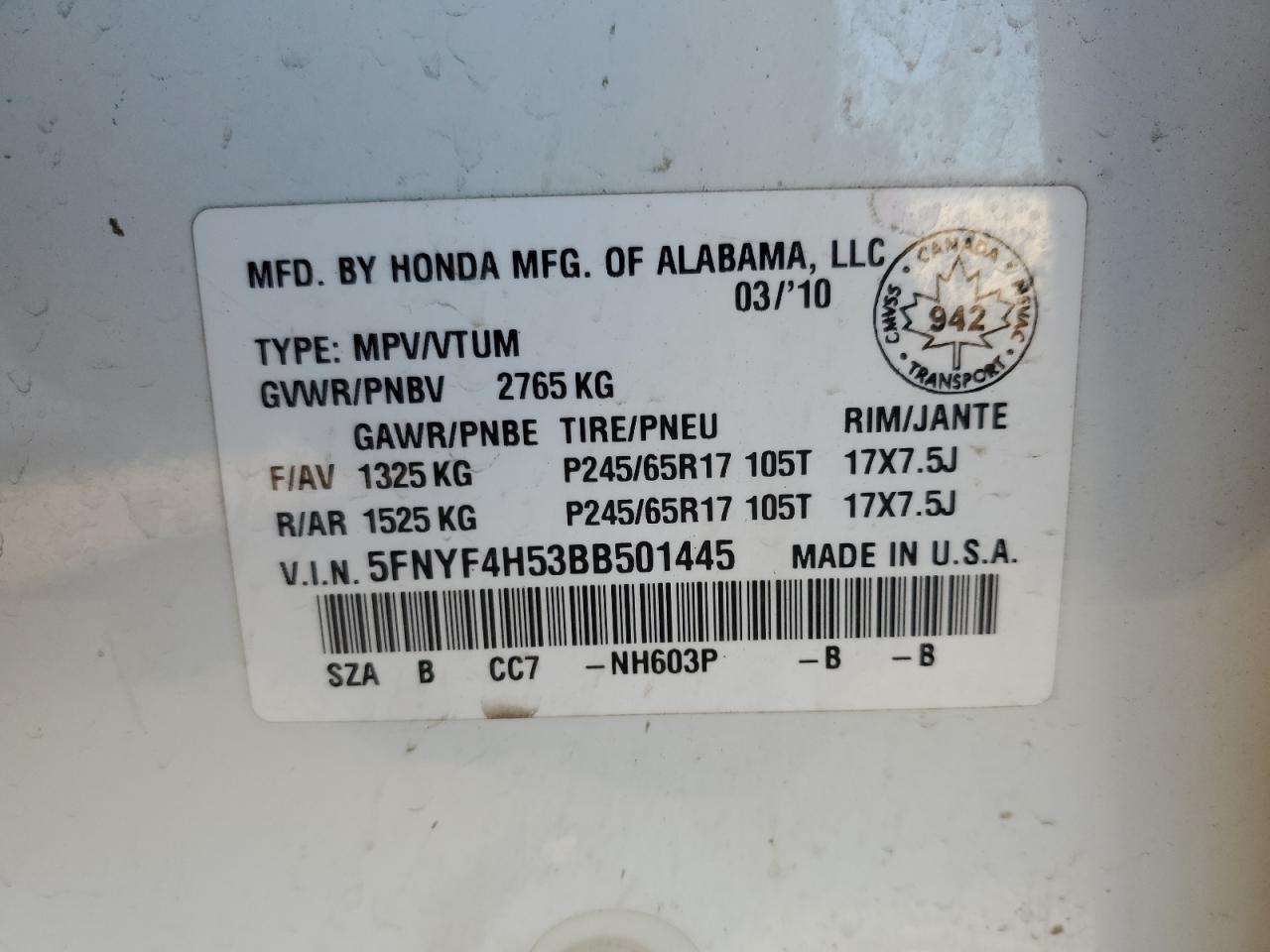 2011 Honda Pilot Exl VIN: 5FNYF4H53BB501445 Lot: 84217655