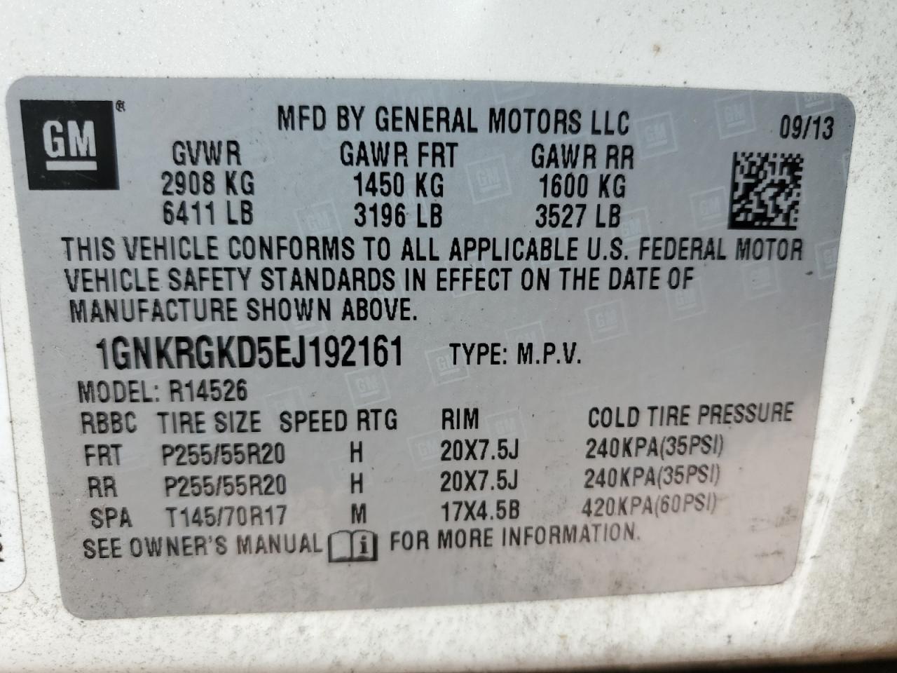 2014 Chevrolet Traverse Lt VIN: 1GNKRGKD5EJ192161 Lot: 84272075