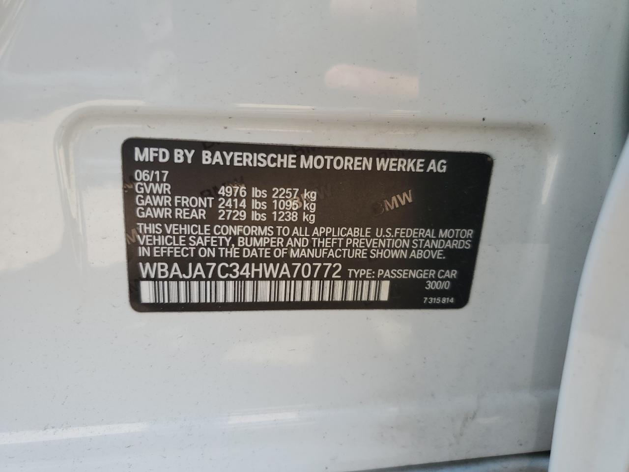 2017 BMW 530 Xi VIN: WBAJA7C34HWA70772 Lot: 81028485