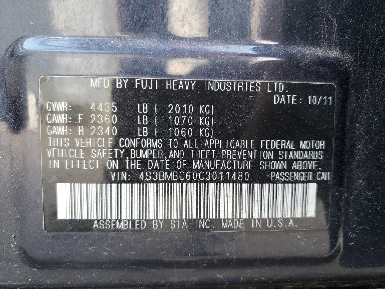 2012 Subaru Legacy 2.5I Premium VIN: 4S3BMBC60C3011480 Lot: 81035935