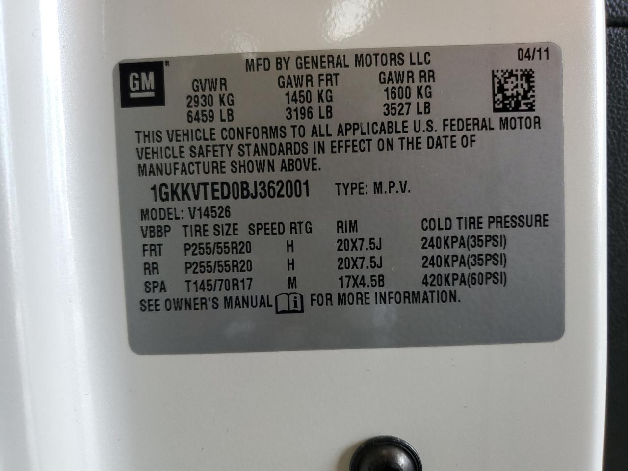 2011 GMC Acadia Denali VIN: 1GKKVTED0BJ362001 Lot: 69807525