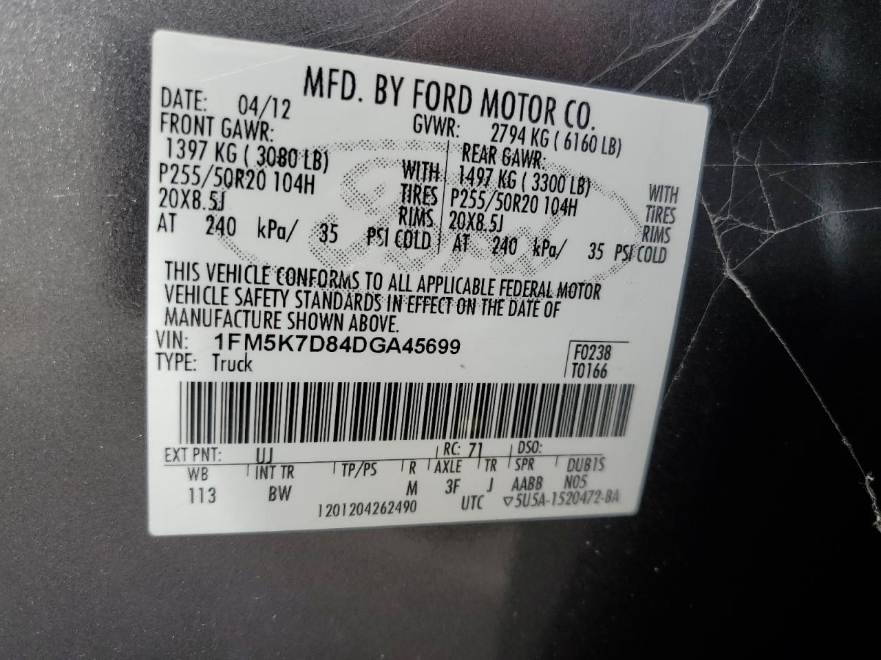 2013 Ford Explorer Xlt VIN: 1FM5K7D84DGA45699 Lot: 81775785