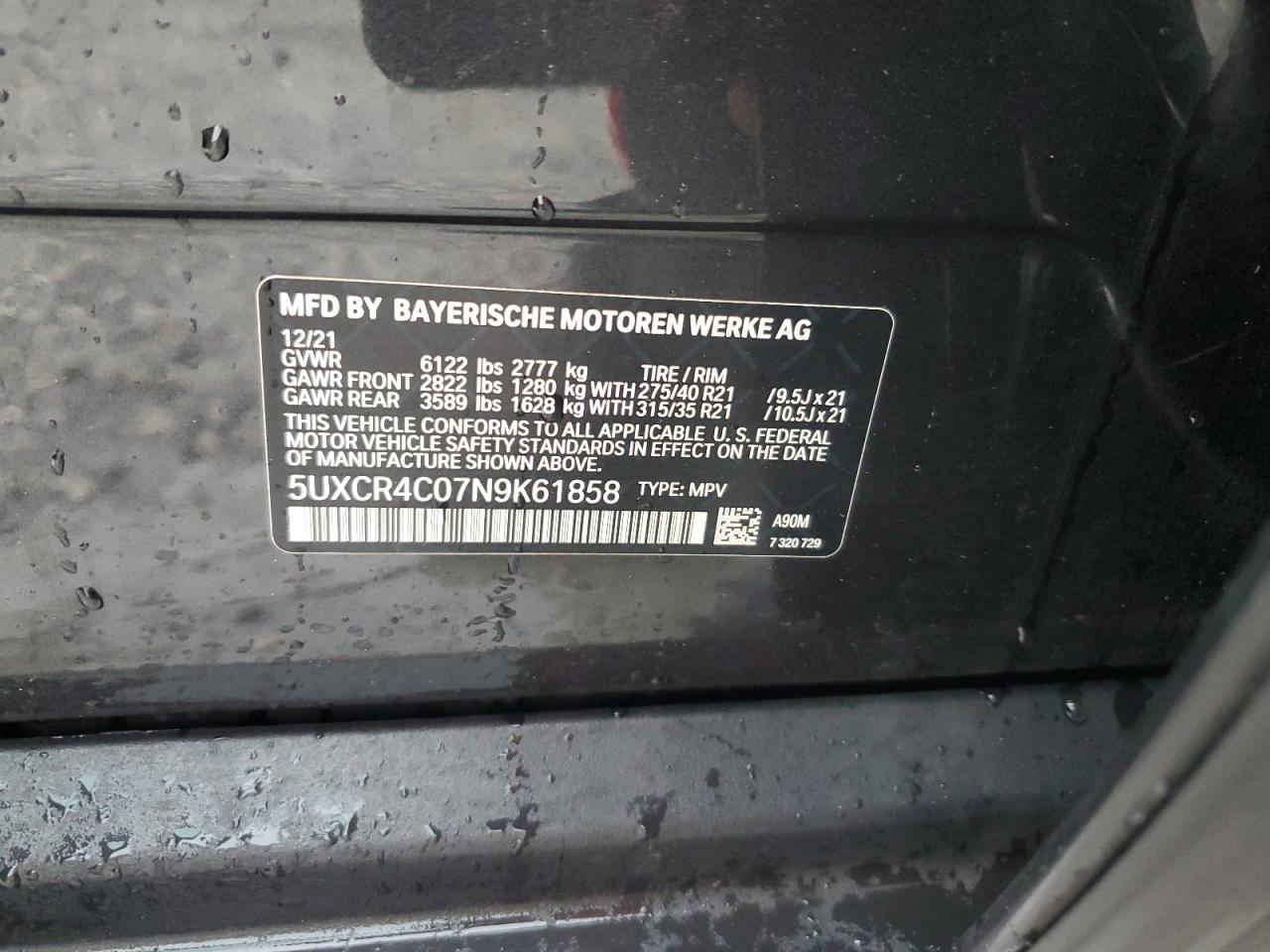 2022 BMW X5 Sdrive 40I VIN: 5UXCR4C07N9K61858 Lot: 80822315