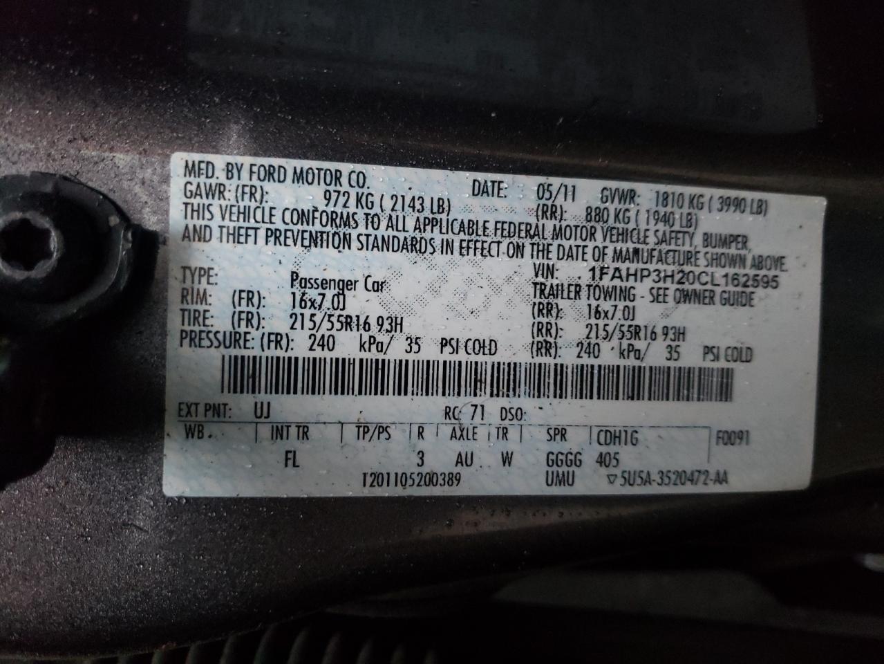 2012 Ford Focus Sel VIN: 1FAHP3H20CL162595 Lot: 84783605