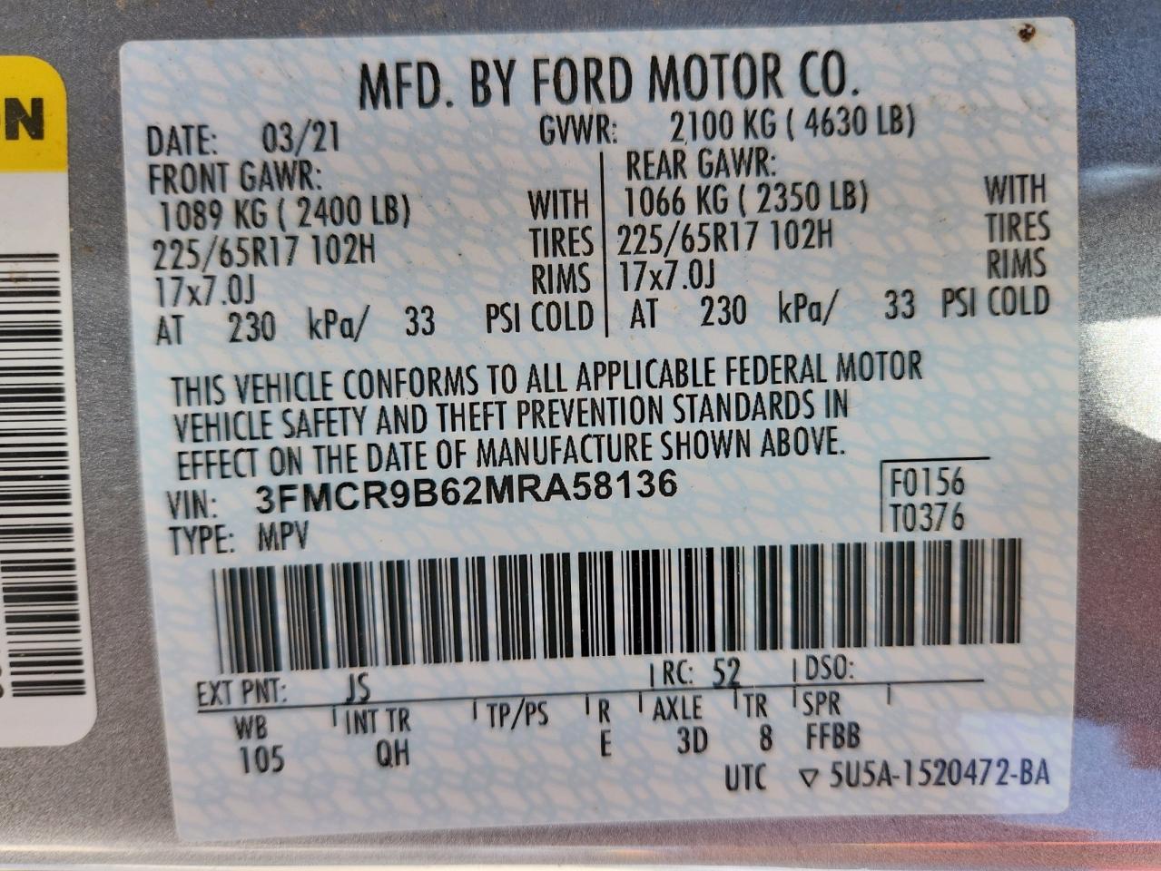 2021 Ford Bronco Sport Big Bend VIN: 3FMCR9B62MRA58136 Lot: 83833505