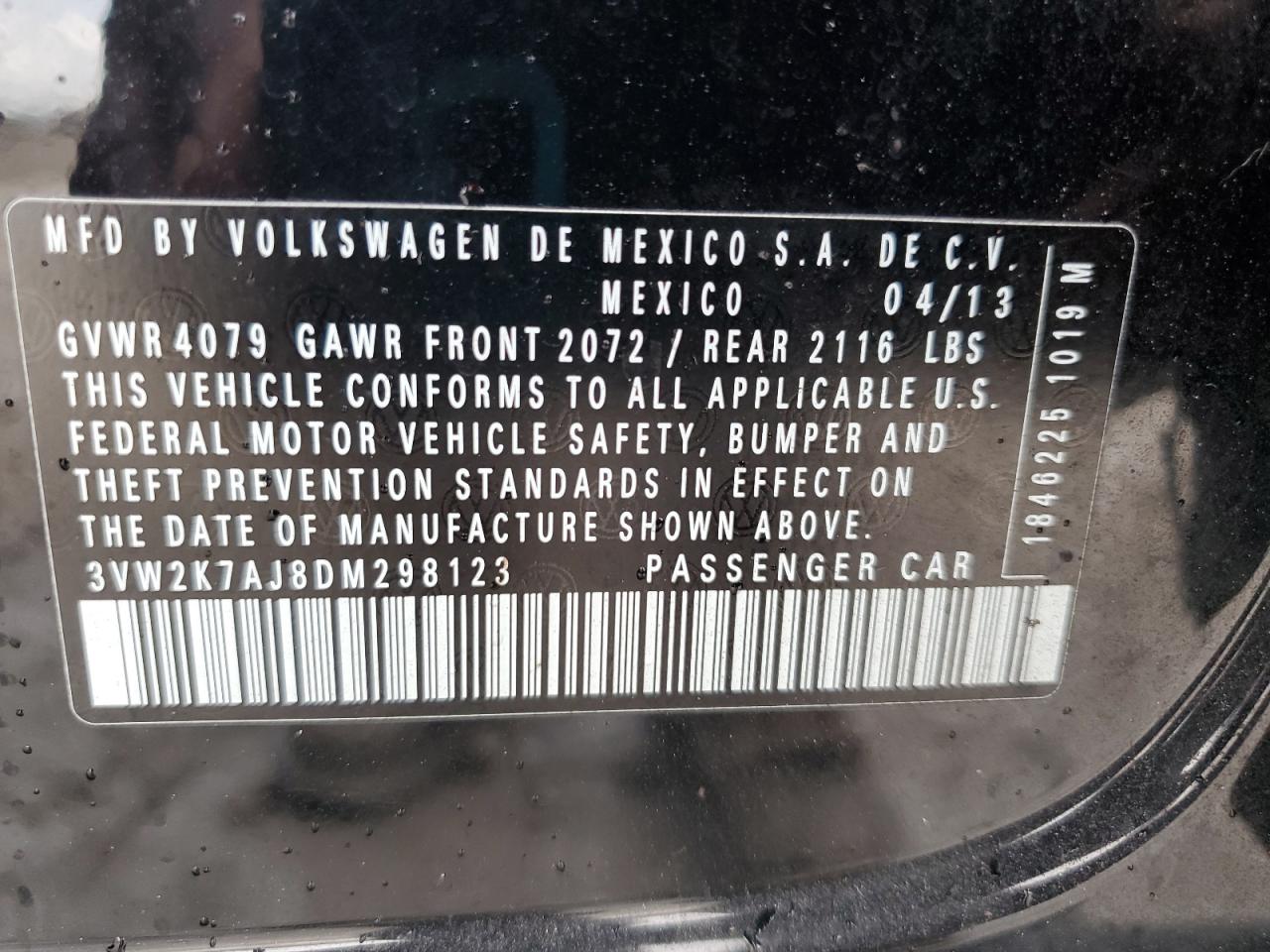 2013 Volkswagen Jetta Base VIN: 3VW2K7AJ8DM298123 Lot: 80528695