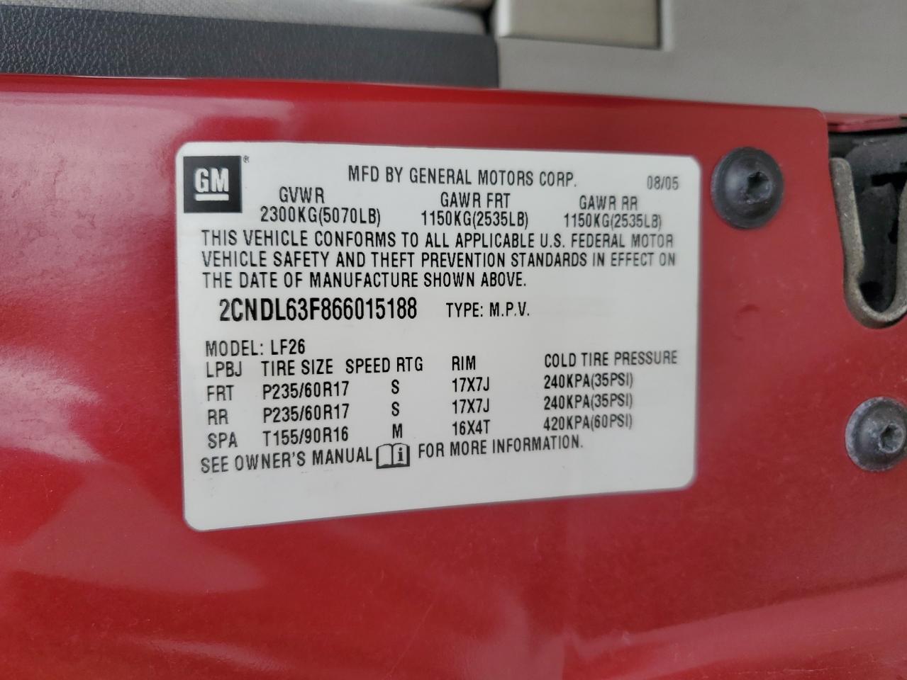 2006 Chevrolet Equinox Lt VIN: 2CNDL63F866015188 Lot: 83791915