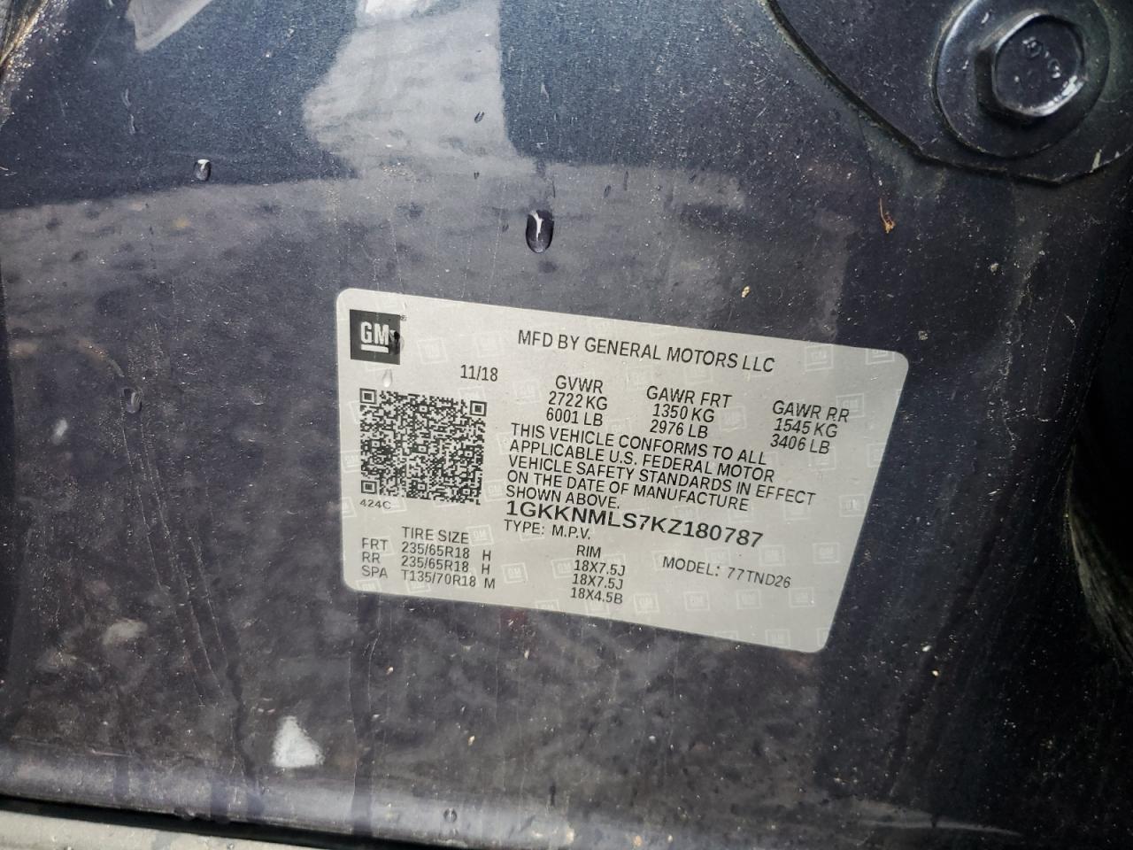 2019 GMC Acadia Slt-1 VIN: 1GKKNMLS7KZ180787 Lot: 80856975