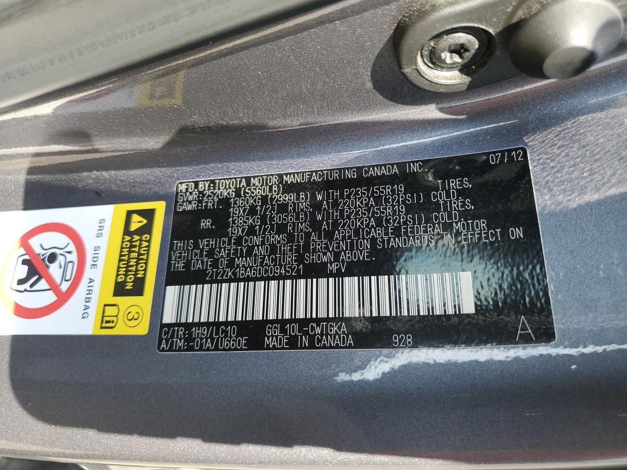 2013 Lexus Rx 350 VIN: 2T2ZK1BA6DC094521 Lot: 80302345