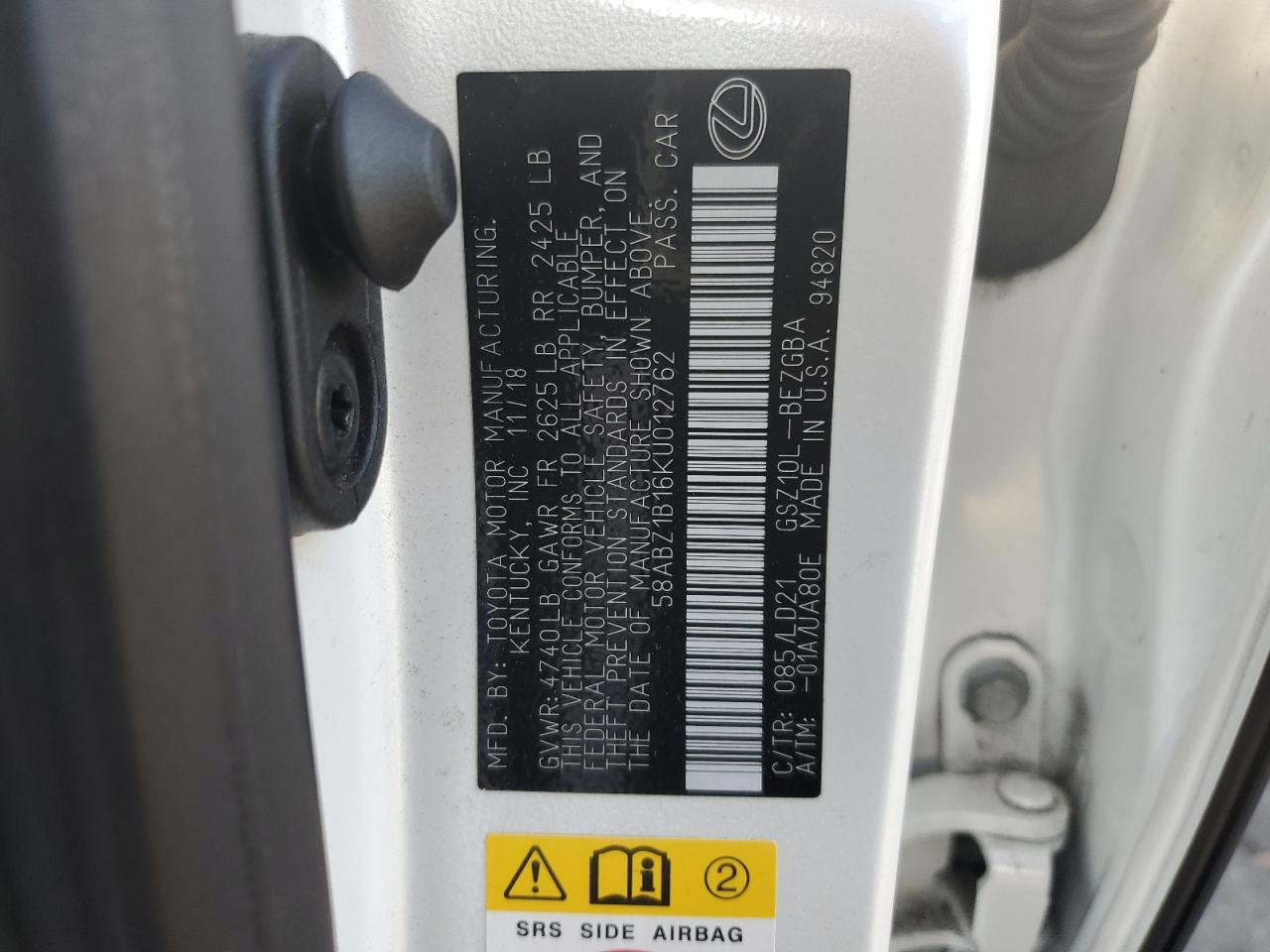 2019 Lexus Es 350 VIN: 58ABZ1B16KU012762 Lot: 69989025