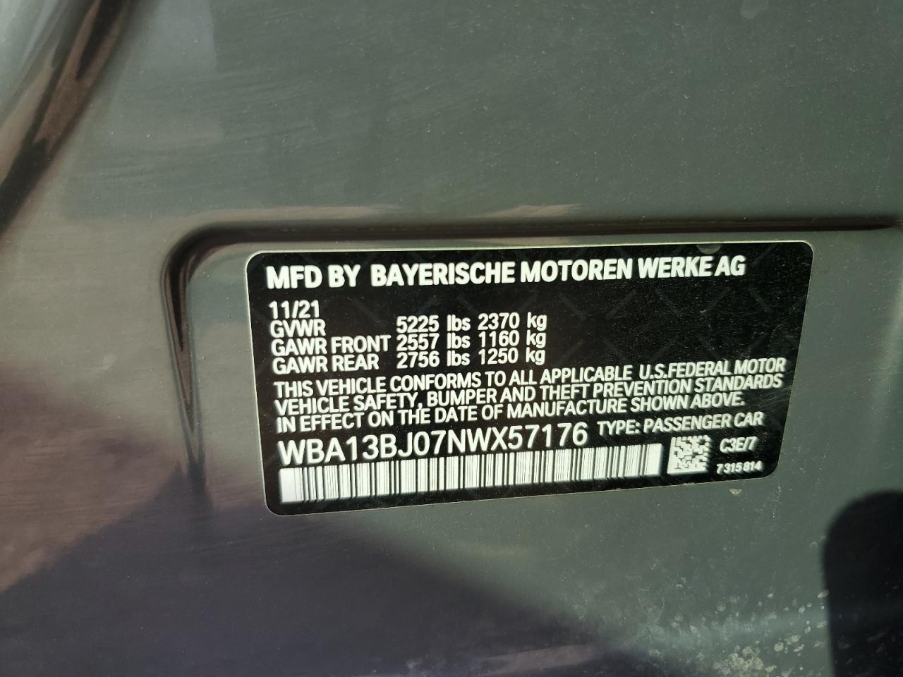 2022 BMW 530 Xi VIN: WBA13BJ07NWX57176 Lot: 69416995