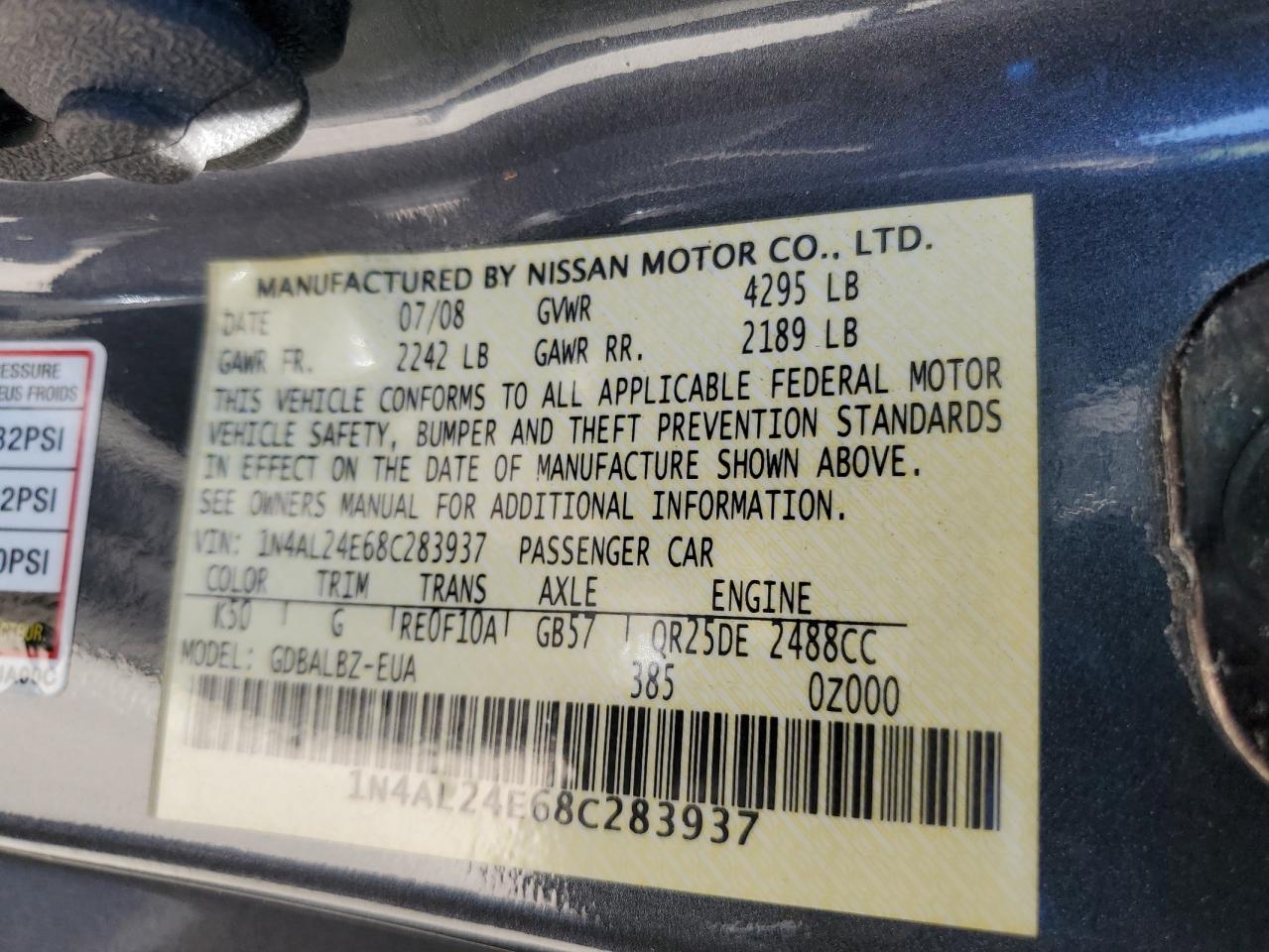 2008 Nissan Altima 2.5S VIN: 1N4AL24E68C283937 Lot: 70754915