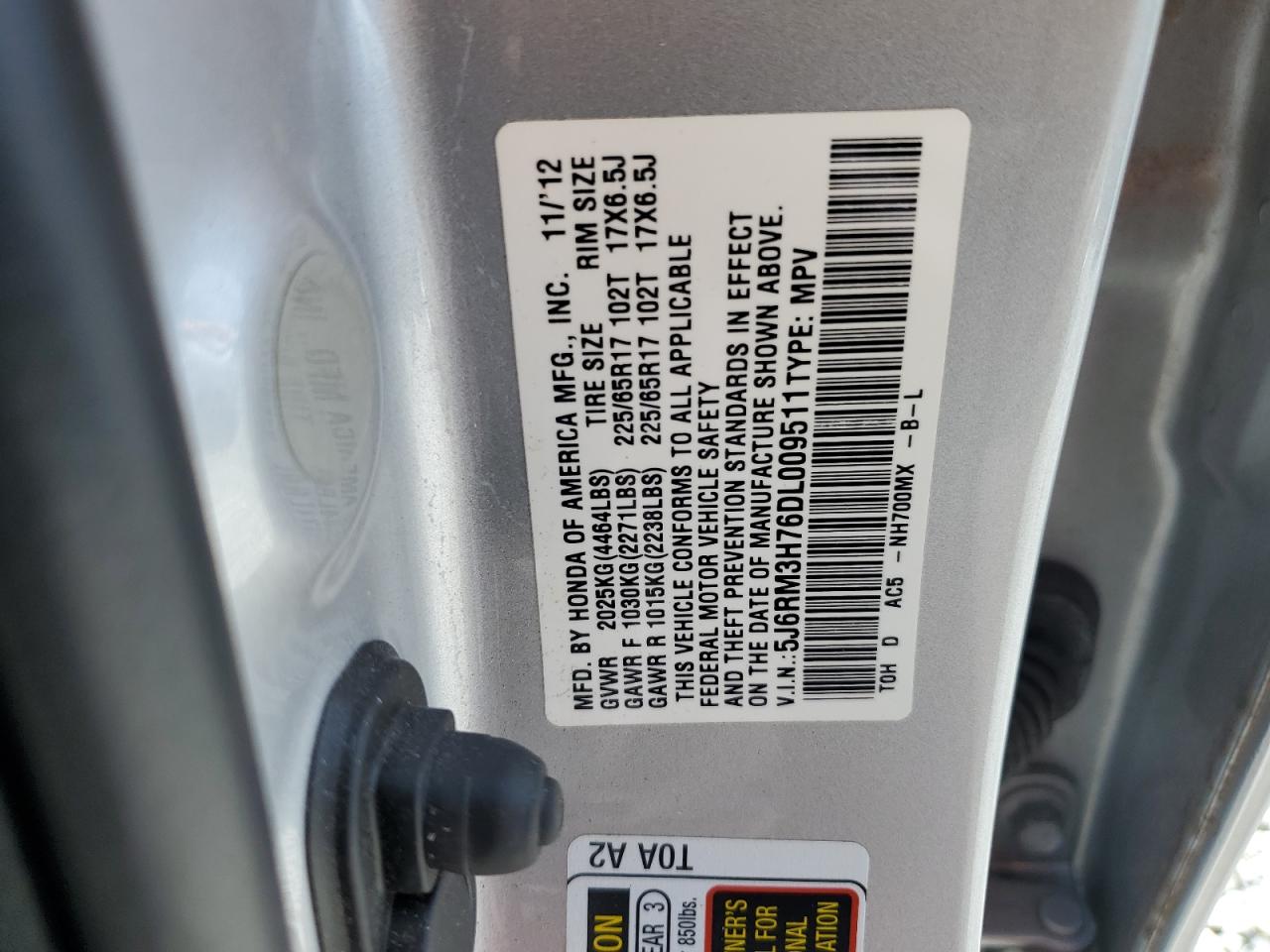 2013 Honda Cr-V Exl VIN: 5J6RM3H76DL009511 Lot: 83853645