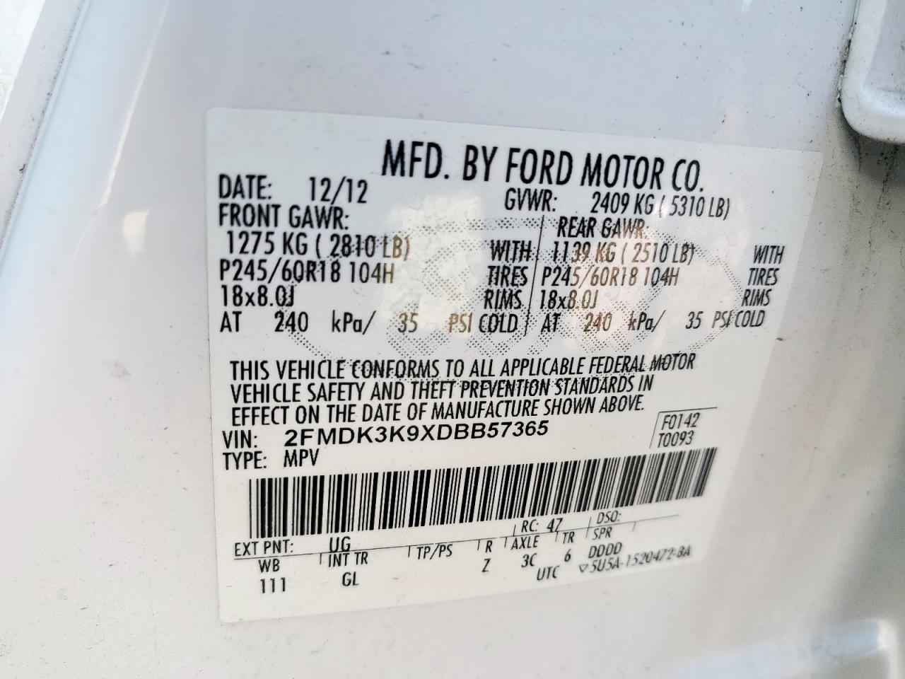 2013 Ford Edge Limited VIN: 2FMDK3K9XDBB57365 Lot: 83873025