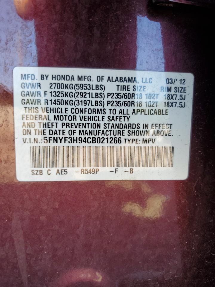 2012 Honda Pilot Touring VIN: 5FNYF3H94CB021266 Lot: 80981085