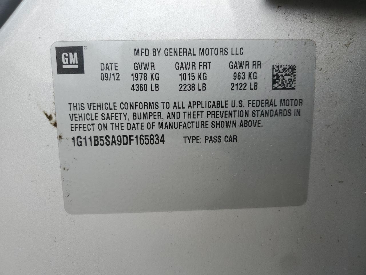 2013 Chevrolet Malibu Ls VIN: 1G11B5SA9DF165834 Lot: 84388525