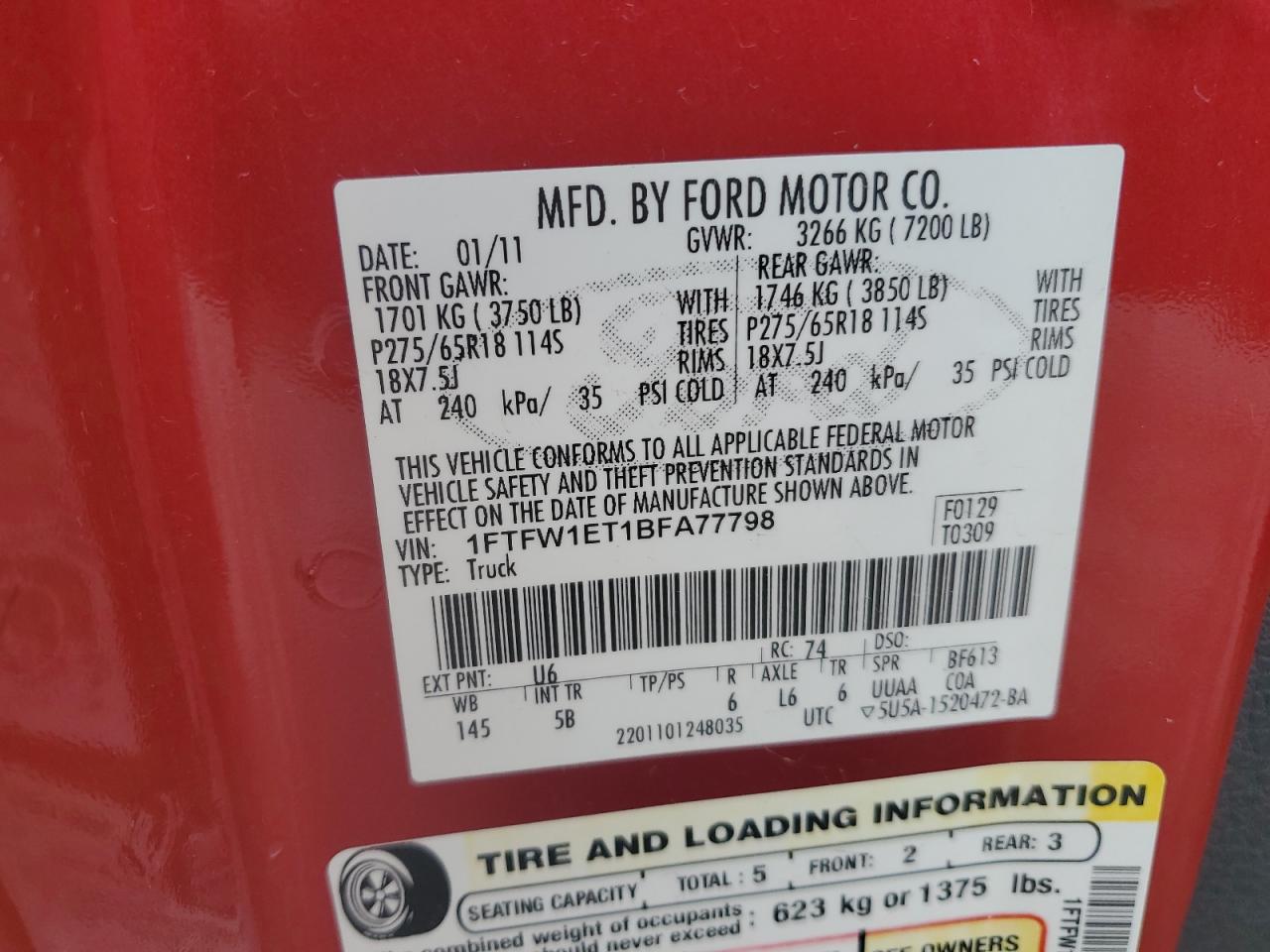 2011 Ford F150 Supercrew VIN: 1FTFW1ET1BFA77798 Lot: 80748525