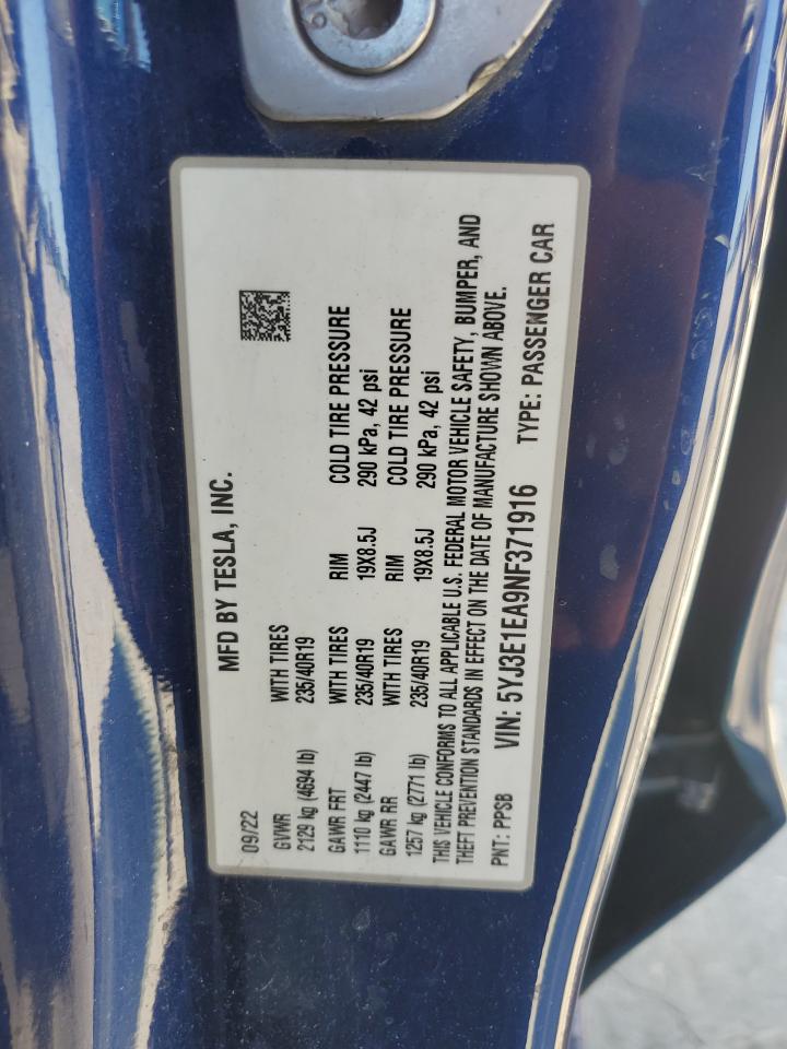2022 Tesla Model 3 VIN: 5YJ3E1EA9NF371916 Lot: 84300725