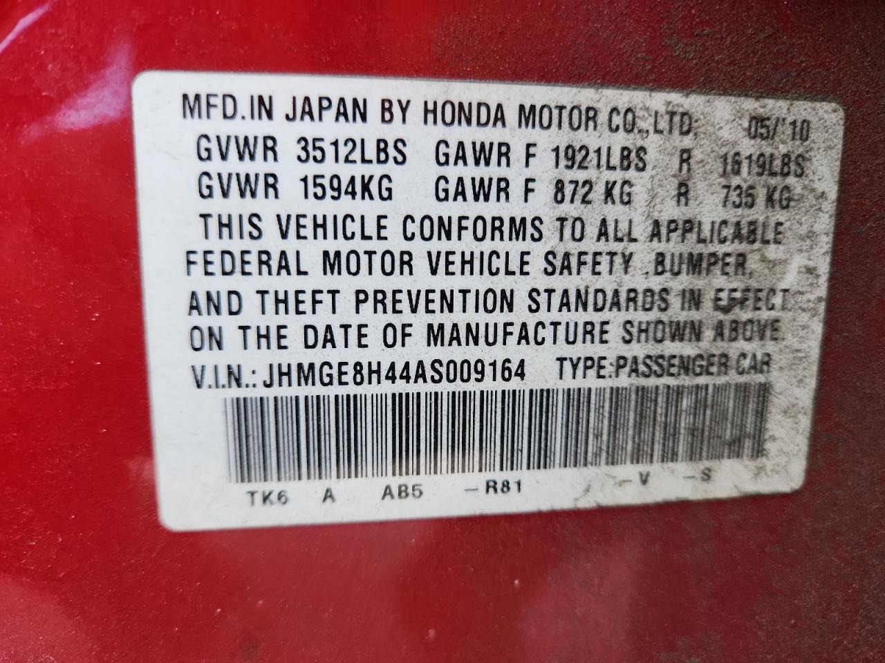 2010 Honda Fit Sport VIN: JHMGE8H44AS009164 Lot: 81779055