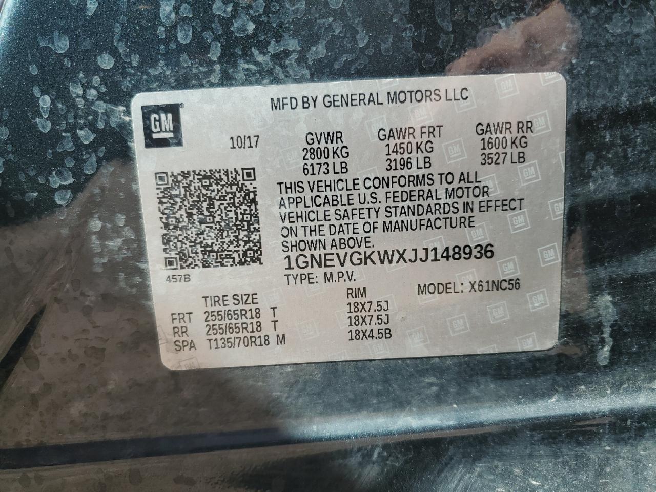 2018 Chevrolet Traverse Lt VIN: 1GNEVGKWXJJ148936 Lot: 80725255