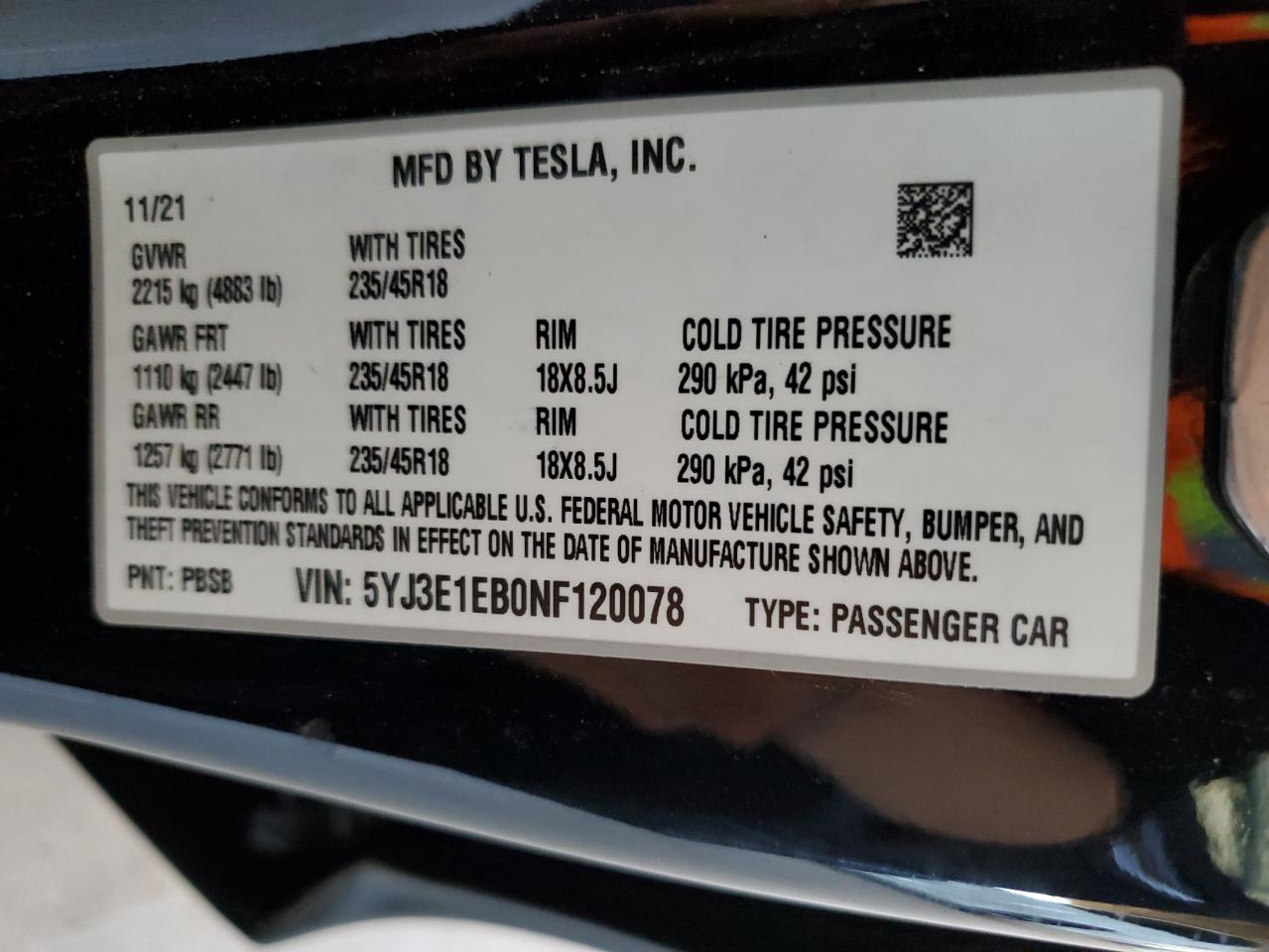 2022 Tesla Model 3 VIN: 5YJ3E1EB0NF120078 Lot: 80142155